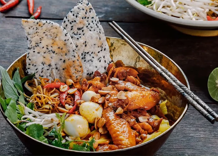 Vietnamese food bowl with fresh herbs